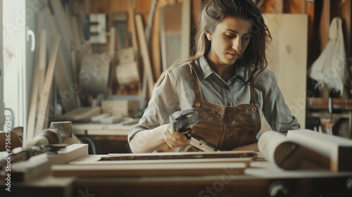 Female carpenter focused on woodworking in a workshop. She's using a drill on a wooden piece, wearing protective brown overalls, with tools and wood materials in the background. photo