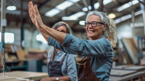 Two joyful craftswomen in a woodworking workshop. The senior woman with glasses is giving a high-five, celebrating success with a smile, both wearing casual work attire and aprons.