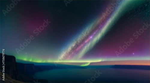 Animation of a multi-colored rainbow streaking across a dark blue night sky with stars. photo