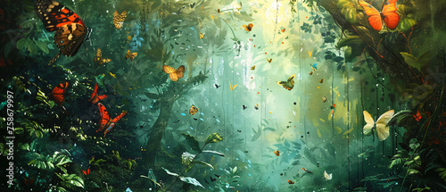 A painting of a jungle with birds and butterflies