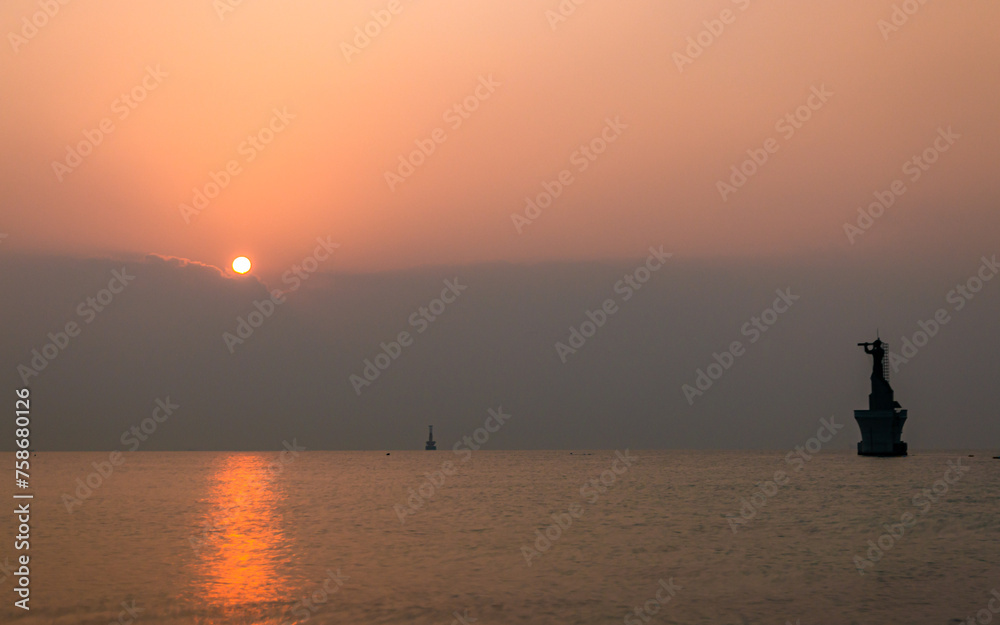 Landscape view of Sunrise over the Haeundae beach, Busan, South Korea. 