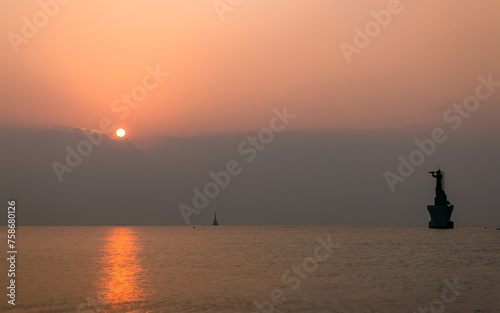 Landscape view of Sunrise over the Haeundae beach, Busan, South Korea. 