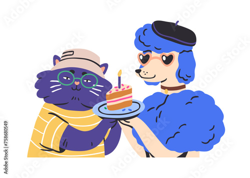 Funny animal characters couple celebrating birthday party. Cool cat and dog f...