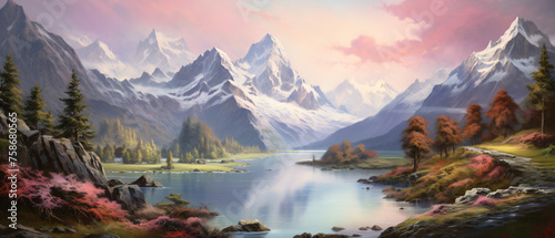 A painting of a mountain landscape with a lake