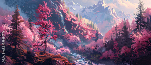 A painting of a mountain landscape with pink trees 