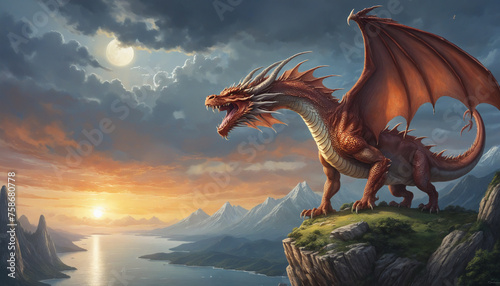 Watercolor illustration of a dragon standing on a cliff and howling © Fukurou