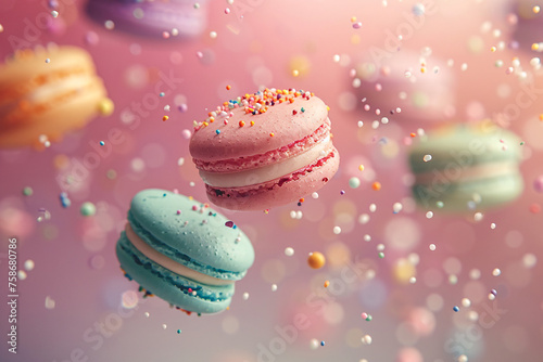 Sweet macaroons macarons with crumbs falling flying isolated on blur background. French cookies with vanilla, raspberry and strawberry.