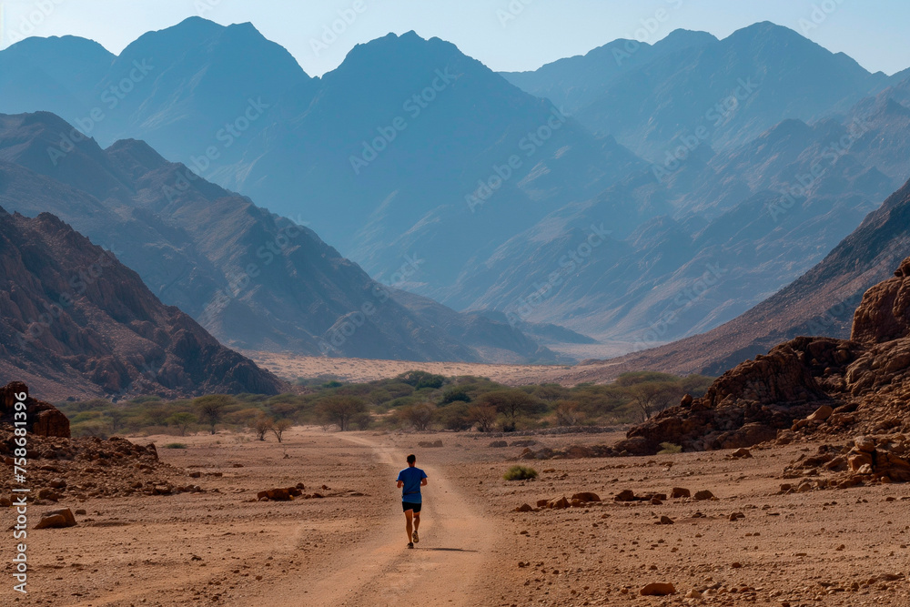 A lonely Marathonian runs along the plains surrounded by mountains