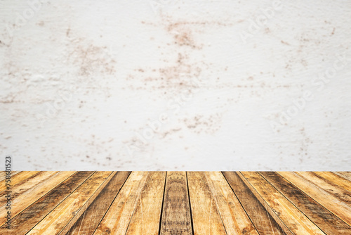 Empty perspective wood plank table top with old cement wall blackground