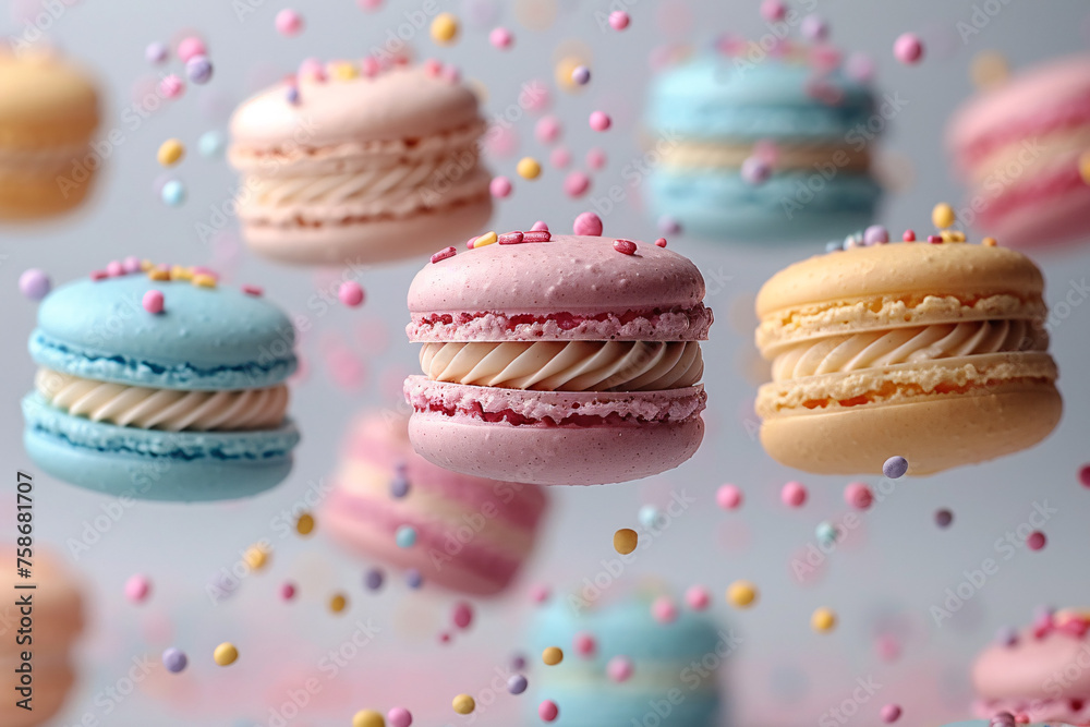 Sweet macaroons macarons with crumbs falling flying isolated on blur background. French cookies with vanilla, raspberry and strawberry. Sweet macaroons macarons with crumbs falling flying isolated on blur background. French cookies with vanilla, raspberry and strawberry.