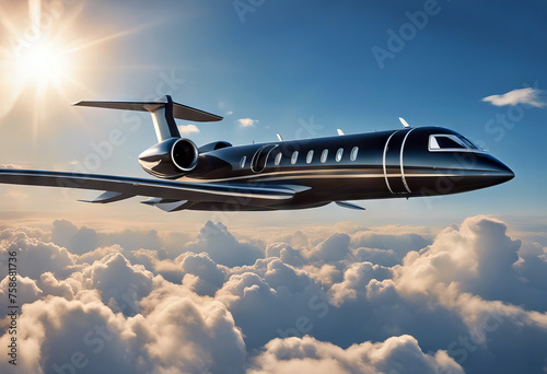 rendering 3d horizontal concept travel business background sun clouds white huge sky blue flying jet private design generic luxury black photo plane class vip first flight air
