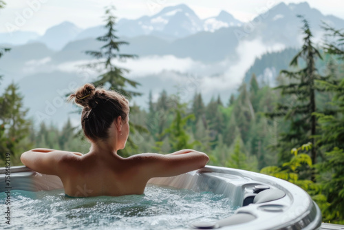 Woman enjoying a hot tub in a serene mountain landscape  with majestic peaks in the background