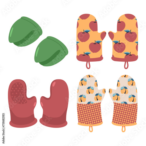 Mitts and potholder for kitchen vector cartoon set isolated on a white background.
