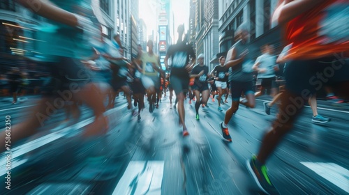 Marathon runners in motion, vibrant street race, active lifestyle.