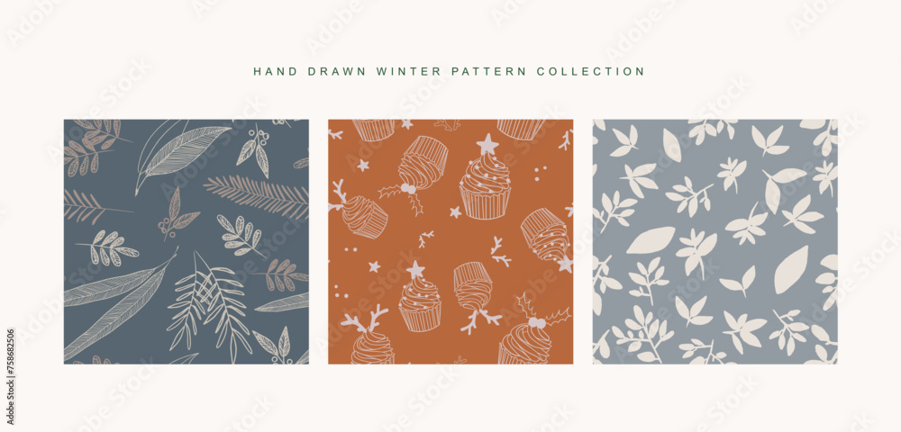 Hand drawn christmas theme seamless pattern in a set