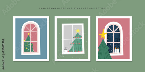 Hand drawn Christmas card with window set in Hygge