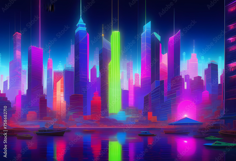 Neon Cityscape, Cityscape, Neon, Urban, Night, Lights, Downtown, Skyscrapers, Buildings, Architecture, Bright, Glow, Vibrant, Futuristic, Modern, AI Generated