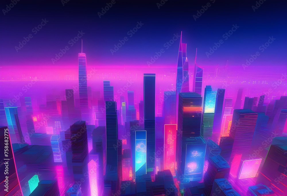 Neon Cityscape, Cityscape, Neon, Urban, Night, Lights, Downtown, Skyscrapers, Buildings, Architecture, Bright, Glow, Vibrant, Futuristic, Modern, AI Generated