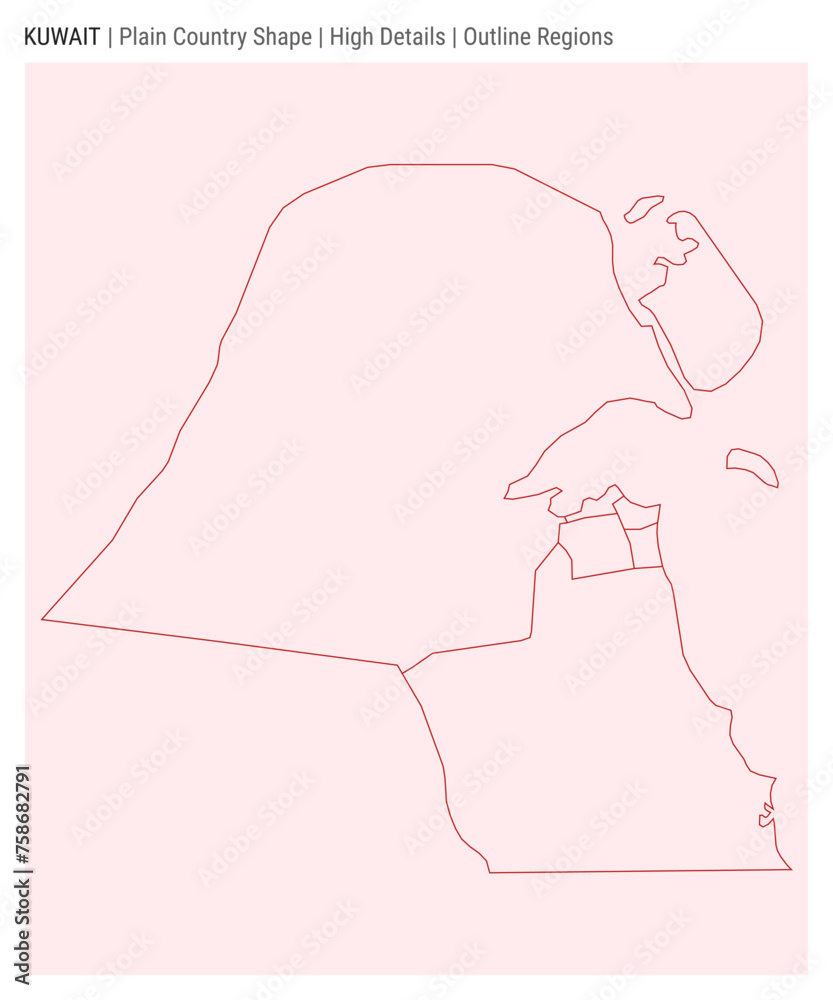 Kuwait plain country map. High Details. Outline Regions style. Shape of Kuwait. Vector illustration.