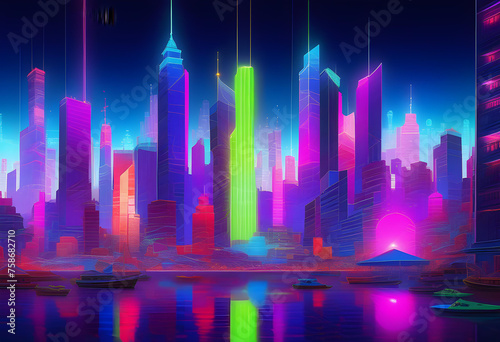 Neon Cityscape, Cityscape, Neon, Urban, Night, Lights, Downtown, Skyscrapers, Buildings, Architecture, Bright, Glow, Vibrant, Futuristic, Modern, AI Generated