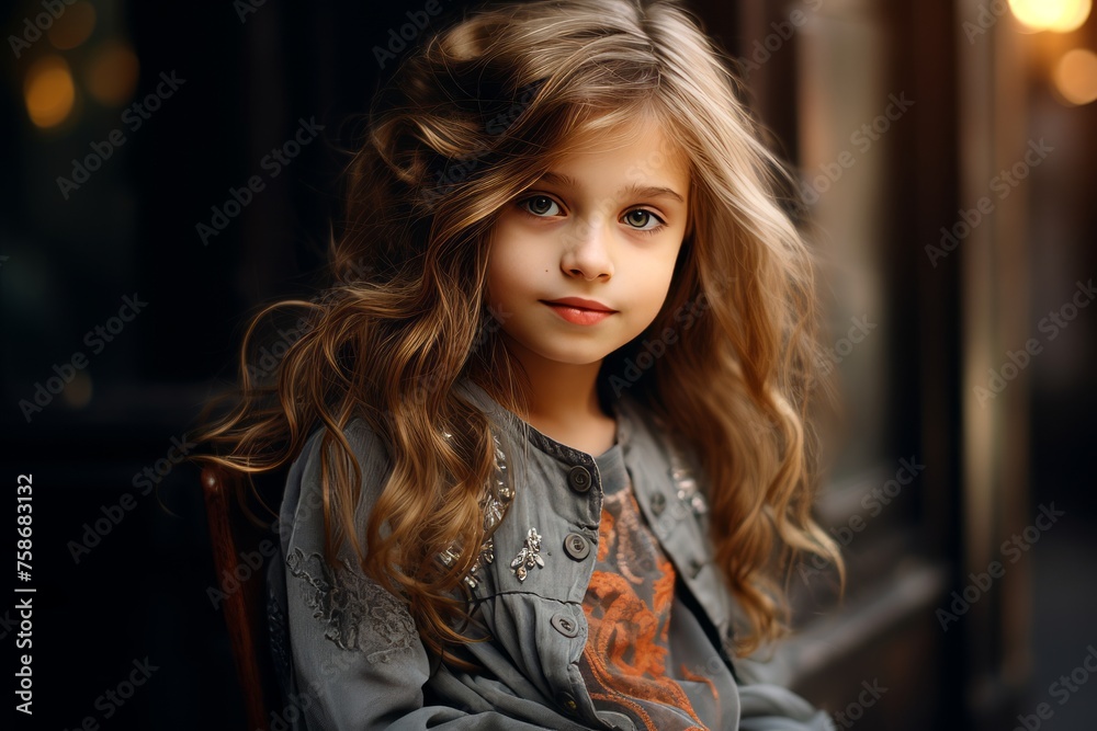 Portrait of a cute little girl with long curly hair in a gray coat.