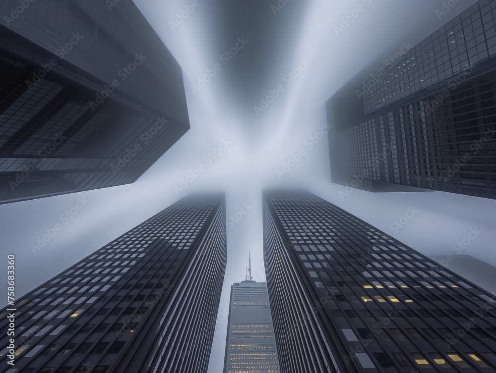 A dramatic upward view of towering skyscrapers vanishing into a foggy sky.