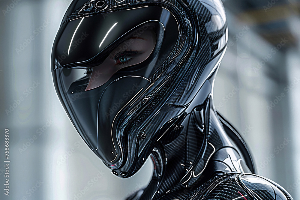 carbon fiber girl, close up of a person in a helmet, black and white mask carbon fiber girl, close up of a person in a helmet, black and white mask