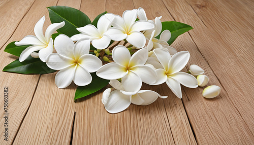 white frangipani flowers on wooden table