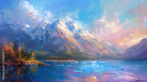 Impressionism art oil painting mountain view ..