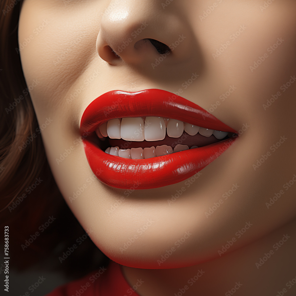 Teeth with captivatingly red lips shine brightly in this touching picture reflecting happiness and positivity of radiant female smile. Concept of beautiful snow-white smile with white straight teeth. Teeth with captivatingly red lips shine brightly in this touching picture reflecting happiness and positivity of radiant female smile. Concept of beautiful snow-white smile with white straight teeth.