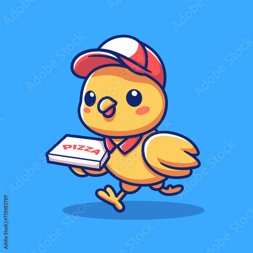 Cute Chicken Walk Delivery Pizza Cartoon Vector Icon Illustration