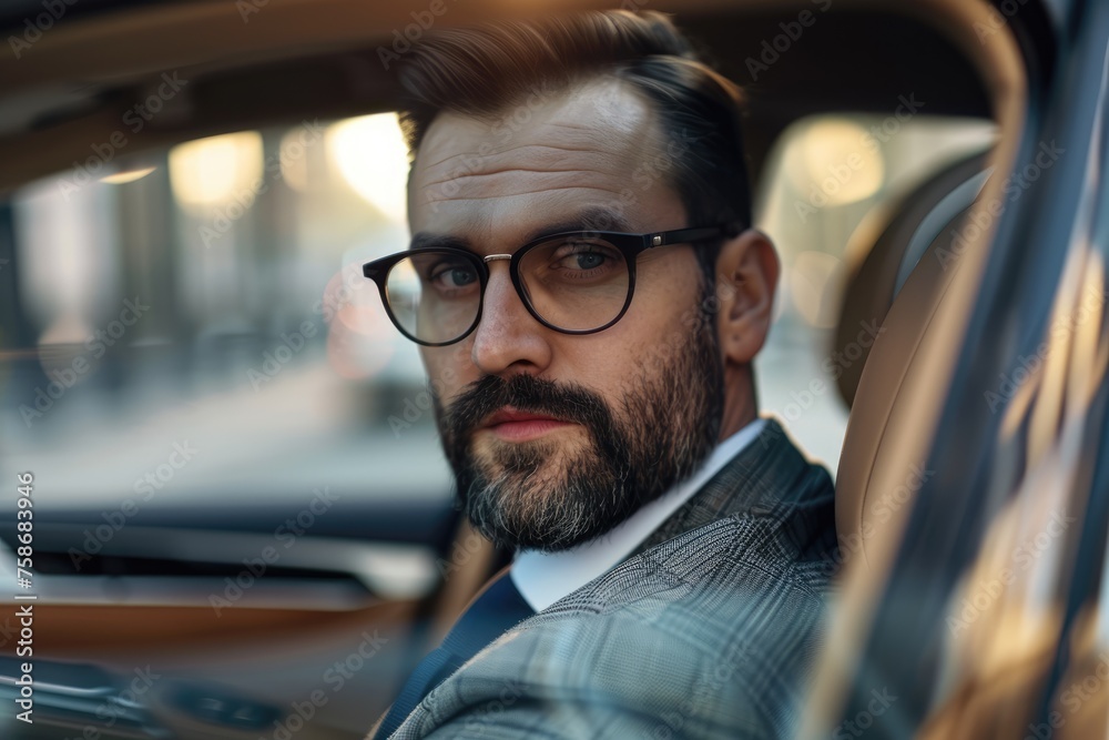 Focused businessman with glasses in suit riding in backseat of car, urban professional on the move - AI generated Focused businessman with glasses in suit riding in backseat of car, urban professional on the move - AI generated
