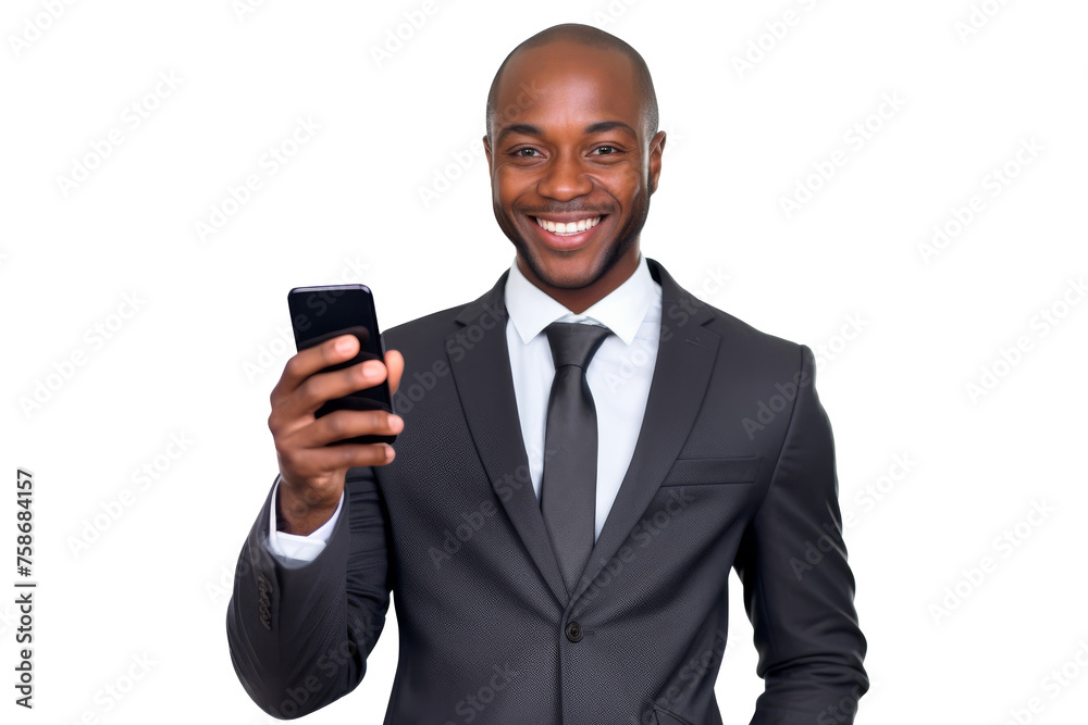 Happy businessman holding a mobile phone isolated on transparent background. Happy businessman holding a mobile phone isolated on transparent background.