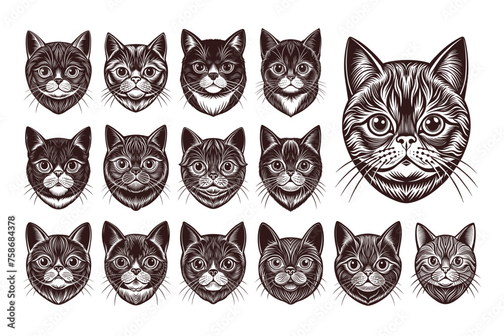 Cute exotic shorthair cat face illustration design set
