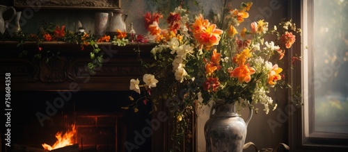 flower-filled vase on the fireplace by the nightstand