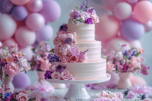 Elegant Wedding Cake with Decorated Flowers. Multi-tiered beautiful cake with decorations and flowers.