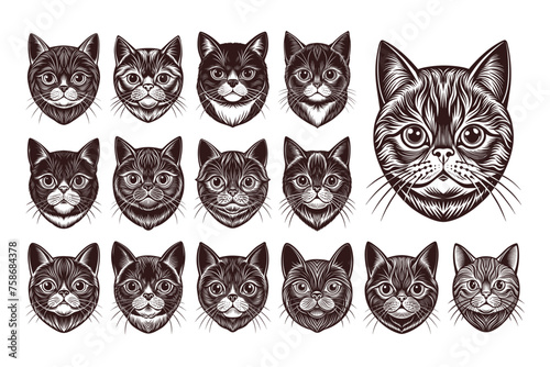 Cute exotic shorthair cat face illustration design set