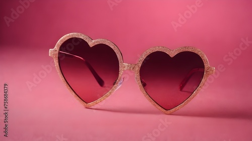 A pair of pink heart-shaped sunglasses with glitter on a pink background with copy space. Front view of quirky eyewear. Funky party glasses. Valentine’s Day. Vacation, travel concept.