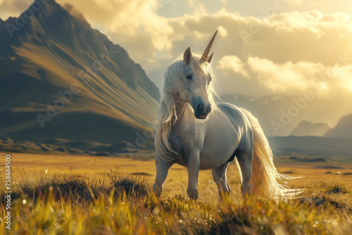 A majestic unicorn stands in a golden field with a dramatic mountain backdrop at sunset