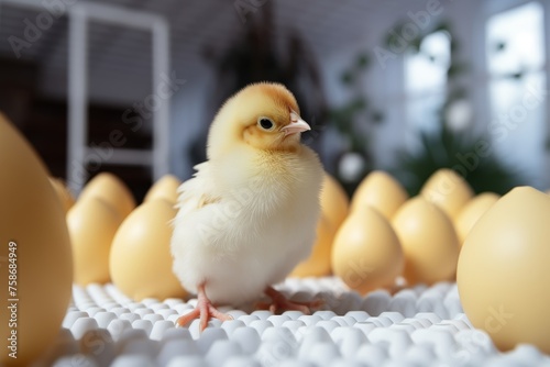 one yellow chick, among many eggs photo
