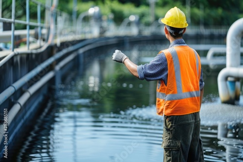 Worker under checking wastewater treatment pond industry large to control water support industry