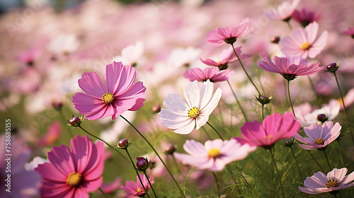 Pink cosmos flower field in garden with blurry background and soft sunlight.