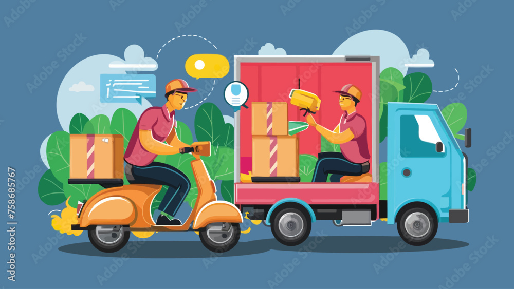 2d vector illustration A courier wearing a shirt is delivering a package mobile with location gps