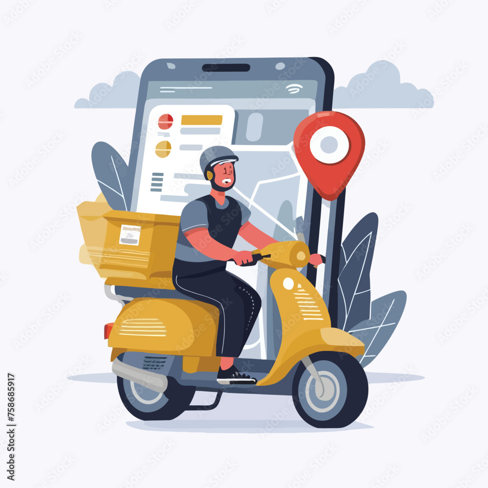 2d vector illustration A courier wearing a shirt is delivering a package mobile with location gps 2d vector illustration A courier wearing a shirt is delivering a package mobile with location gps