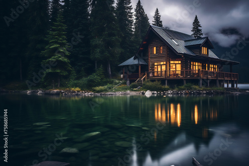 House on lake by forest