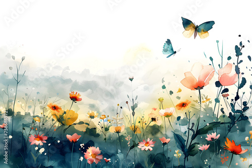 A watercolor spring banner featuring delicate blooming flowers and pastel colors. Suitable for use in nature-themed events  celebrations  and decorations.