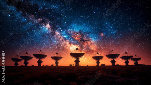 Satellite dishes arranged neatly under the Milky Way generative ai