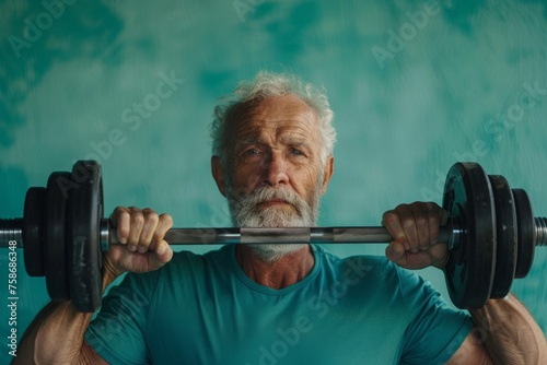 Close-up portrait of senior gray-haired Caucasian man lifting a barbell against green background. Dedicated retiree works out to stay healthy and in good spirits. Active lifestyle at any age.