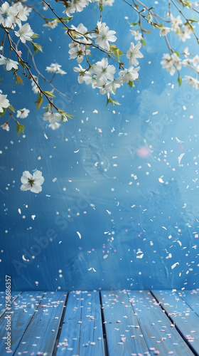 Blossoming flowers and confetti in front of shabby blue wall, minimalistic design.. Love celebration, birthday, wedding, womens, mothers day,. Vertical banner, photo