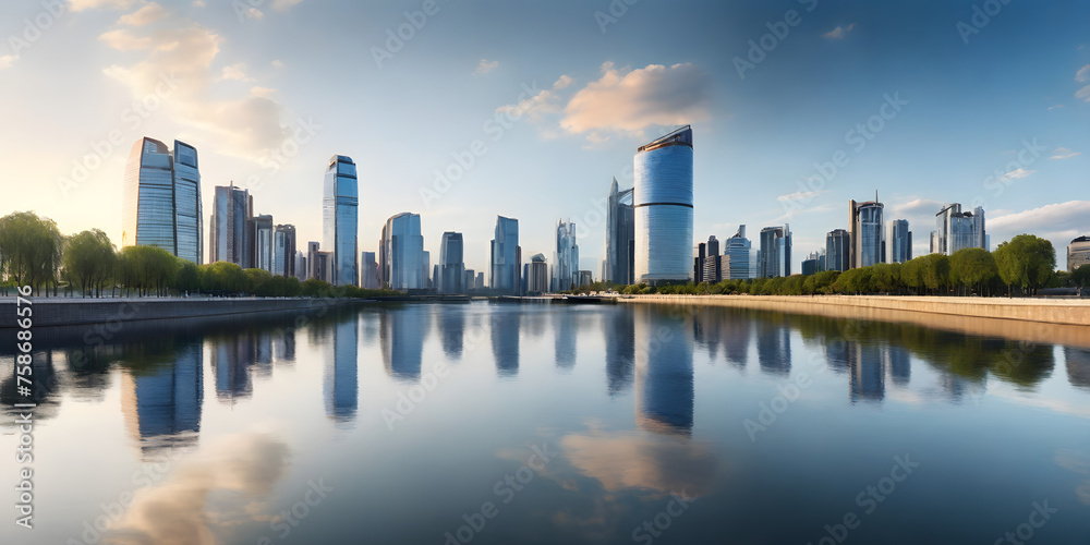 A panoramic view of a modern skyscraper skyline reflecting on a tranquil river